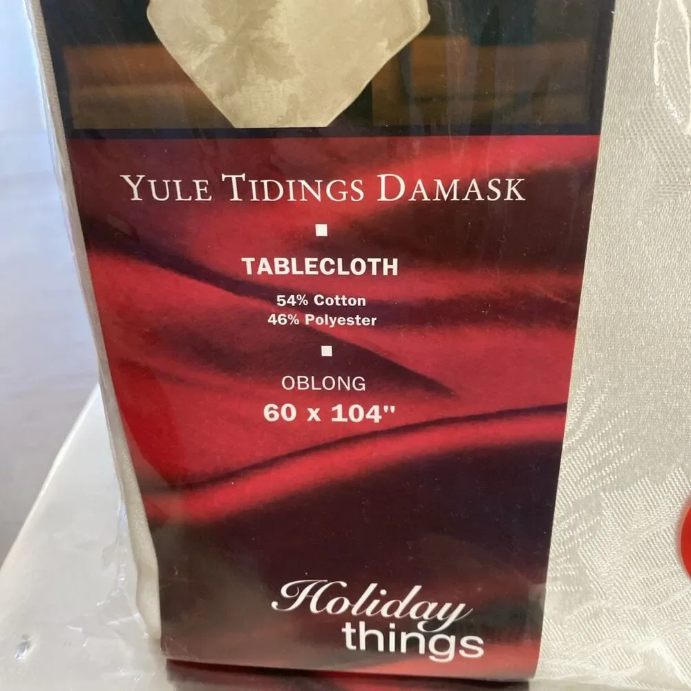 Holiday things Yule tidings Damask tablecloth oblong 60 x 104” new